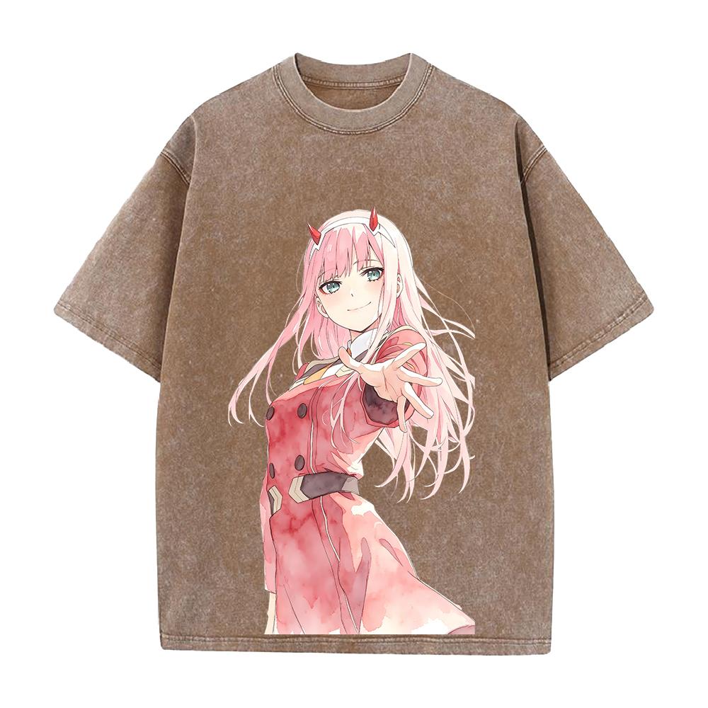 DARLING In the FRANXX Zero Two Printed Tee Men Women Vintage Washed T-shirts Oversized Cotton Streetwear Short Sleeve Clothing