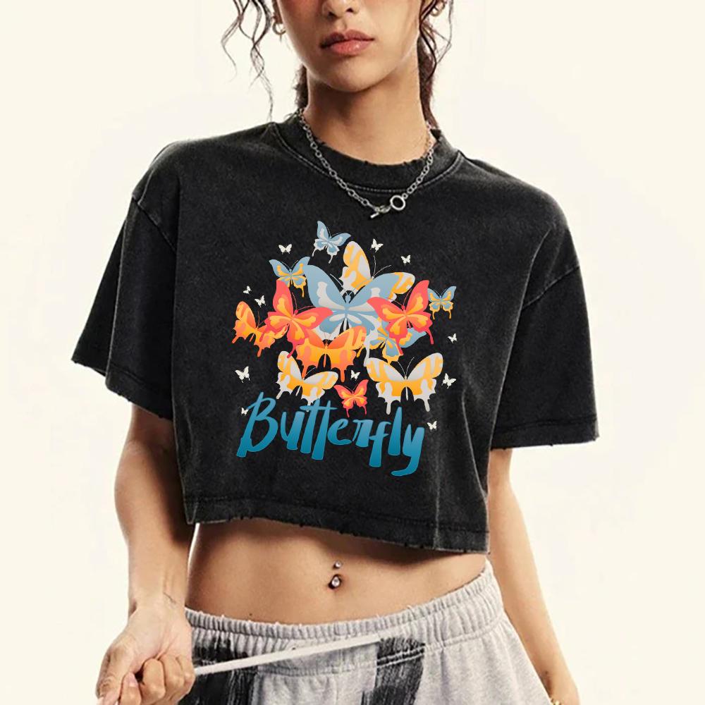 Colorful Butterfly Printed Crop Snow Wash T Shirt Washed Fashion Summer Short Sleeve Cotton Clothes Cotton T-Shirts