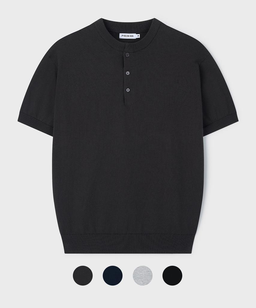 PYEON MA Henley-Neck Short Sleeve Knit - 4Color