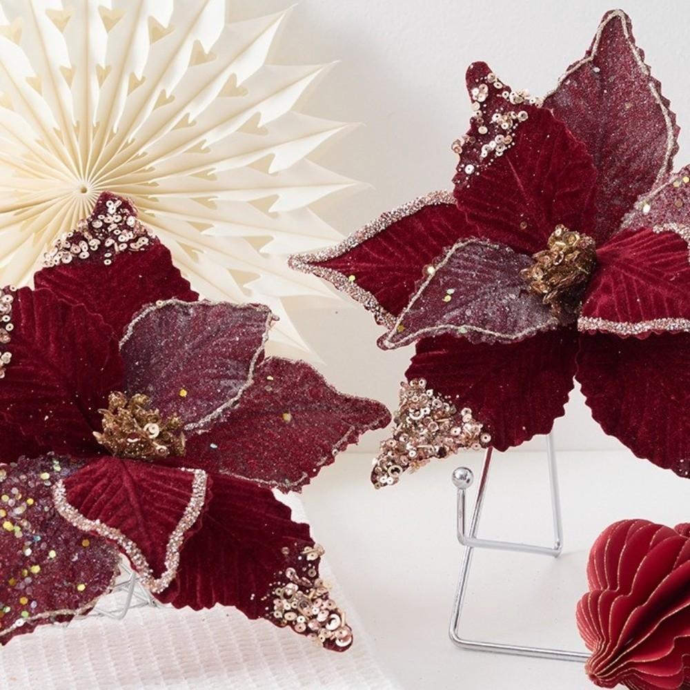 26CM Wine Red Artificial Poinsettia Flower Sequins Sparkling Simulation Flowers Glitter Christmas Glitter Flower