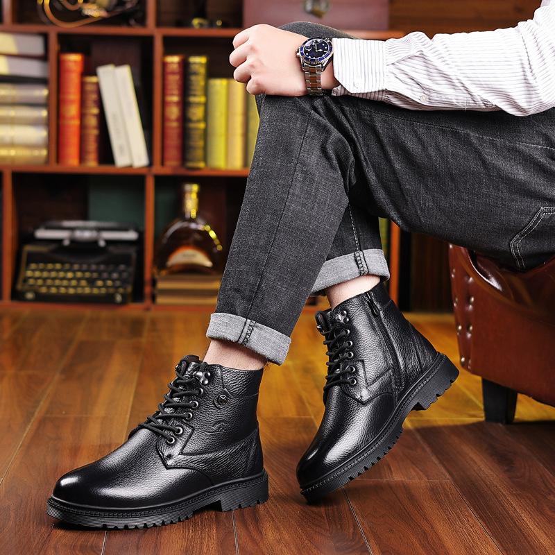 Martin Boots Men's Winter Black Tooling British Style Recreational Locomotive Leather Boots Men's Non-slip Velvet Thermal Cotton Boots