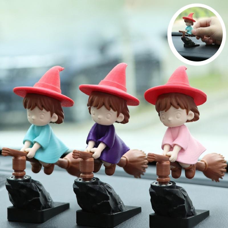 Cute Broom Witch Car Interior Decoration Action Figures Auto Rearview Mirror Dashboard Ornaments Gift Mini Accessories