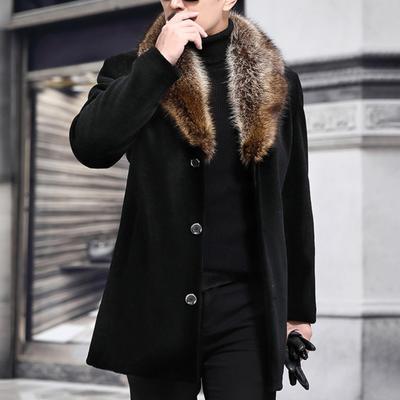 Men Woolen Coat Faux Fur Collar Solid Color Single-breasted Slim Fit Coldproof