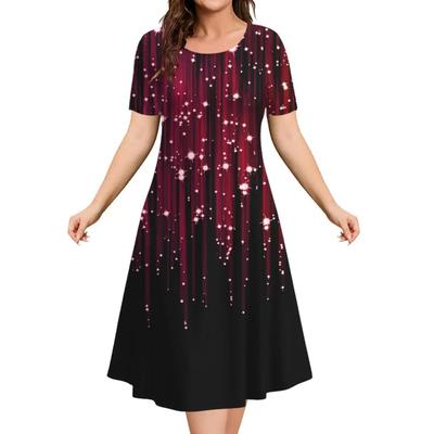 Sommerkleidung für Damen, elegante Partykleidung für Damen, 3D-Druck, schwarzes Kleid, Rundhalsausschnitt, A-Linien-Rock, kurzärmliger Pullover