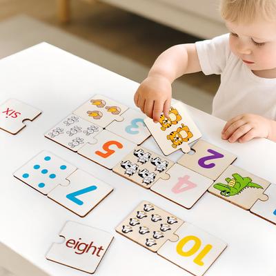 Dřevěné číselné puzzle Zvířata Čísla Angličtina Kognitivní 1-10 Digitální osvícení Matematické vzdělávací hračky Pro děti