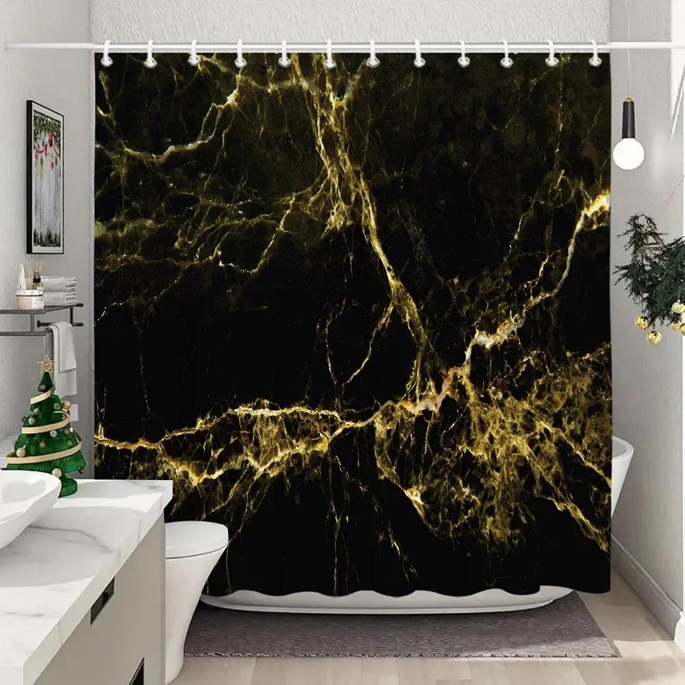 Blue Gold Textured Marble Shower Curtain Black White Natural Art Pattern Polyester Fabric Washable Shower Curtain Bathroom Dec