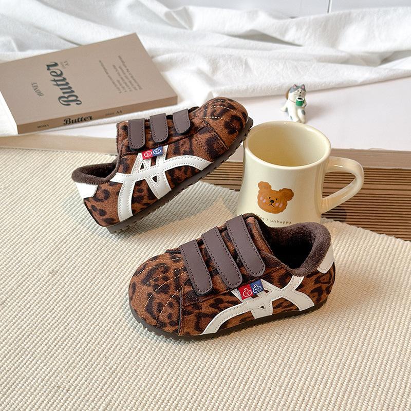 Children's cotton shoes for older kids, new autumn and winter models, girls' plush-lined non-slip leather panel shoes, boys' casual warm shoes