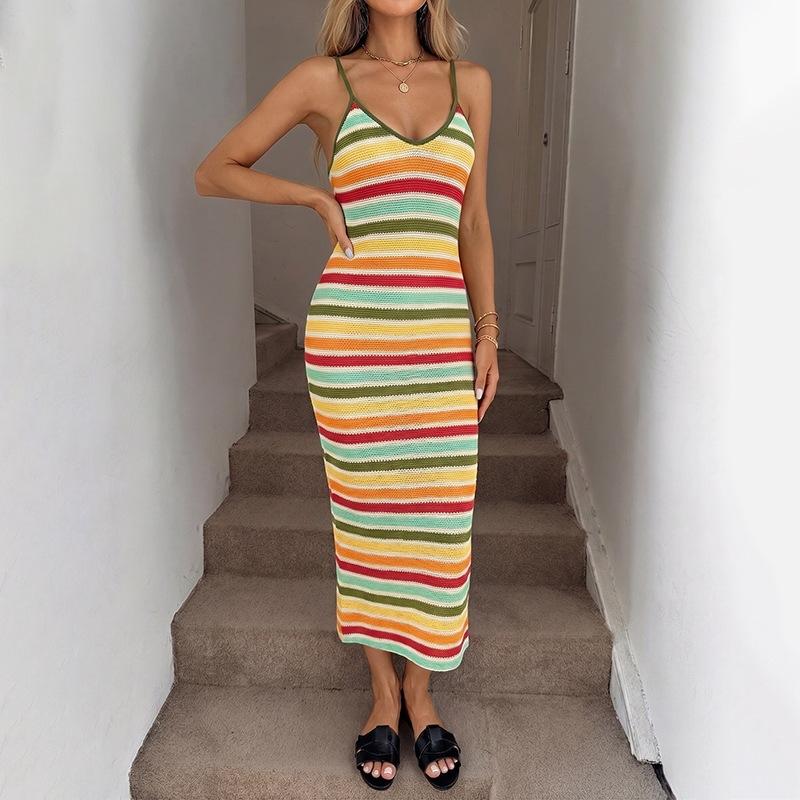 Women s Fashion Summer Spring Stripe Print Sleeveless V-Neck High Waist Casual Dresses S армия зеленый