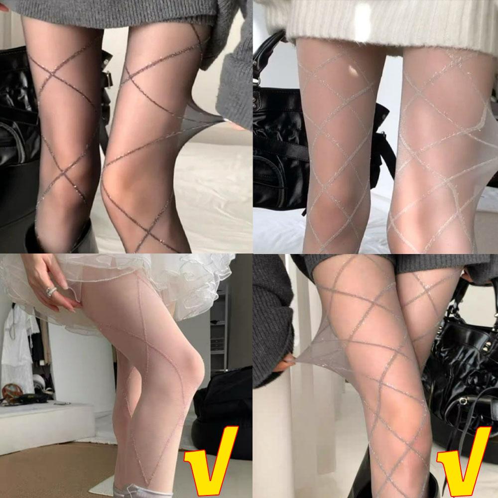 1/S Shiny Cross Diamond Grid Stockings For Women Spring Summer Ultra-Thin Transparent Slim Fit Tights Glitter Hosiery Legging
