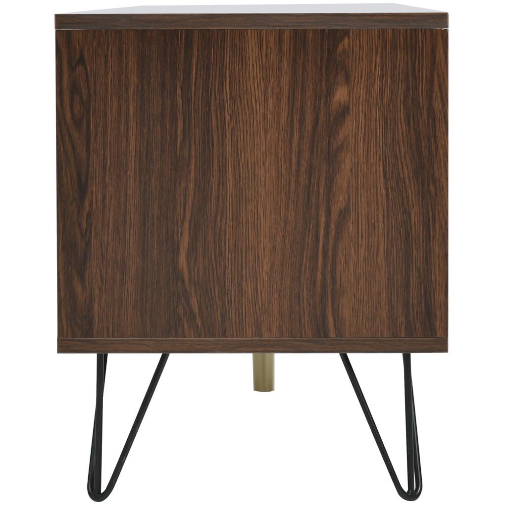 TV-Schrank, Lowboard mit 2 Türen aus Massivholzfurnier, goldene Griffe, Eisenfüße, 2 Fächer, Stauraum für TV & Zubehör, elegante Holzmaserung