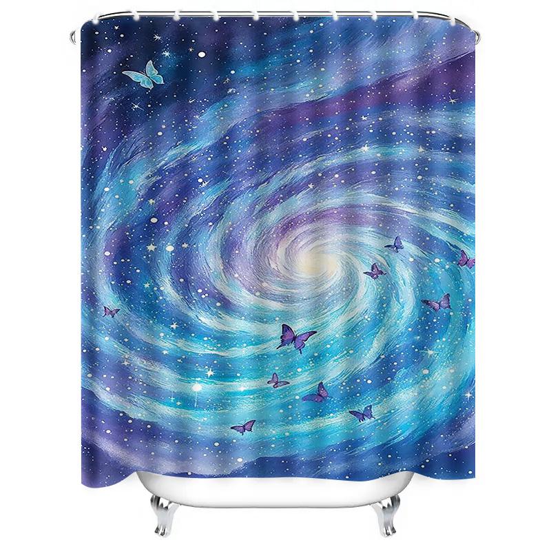 Galaxy Swirl with Butterflies Waterproof Shower Curtain Heat Resistant Machine Washable Non-Transparent 180x180cm