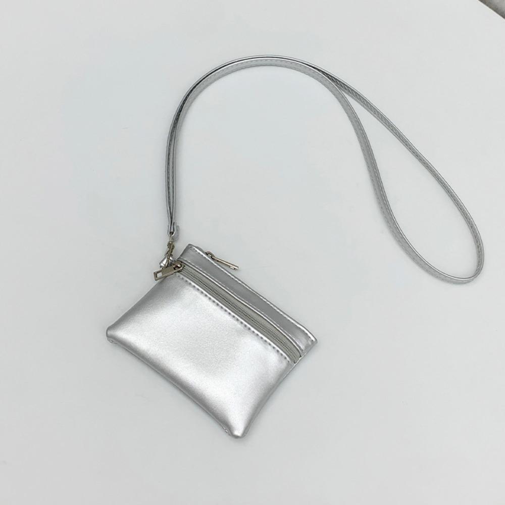 

Solid Color Hanging Neck Coin Purse Leather Small Storage Bag Chic Hanging Neck Wallet Zipper Bag серебряный