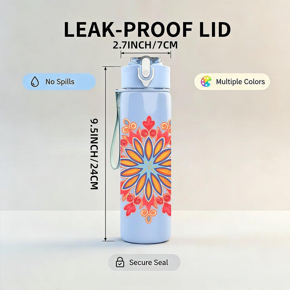 1PC Peach Floral Mandala Design 750ml Color Plastic Sports Water Bottle Leakproof Flip Straw Lid Suitable for Sports Office Home Use