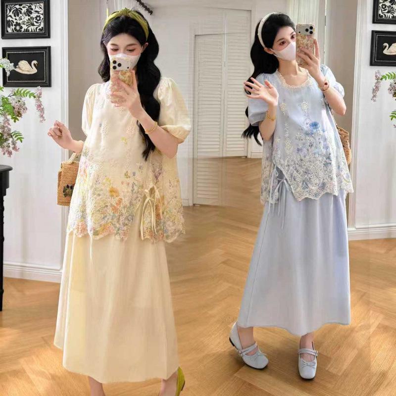 2026 Summer Elegant French Jacquard Loose Maternity Dress Set M