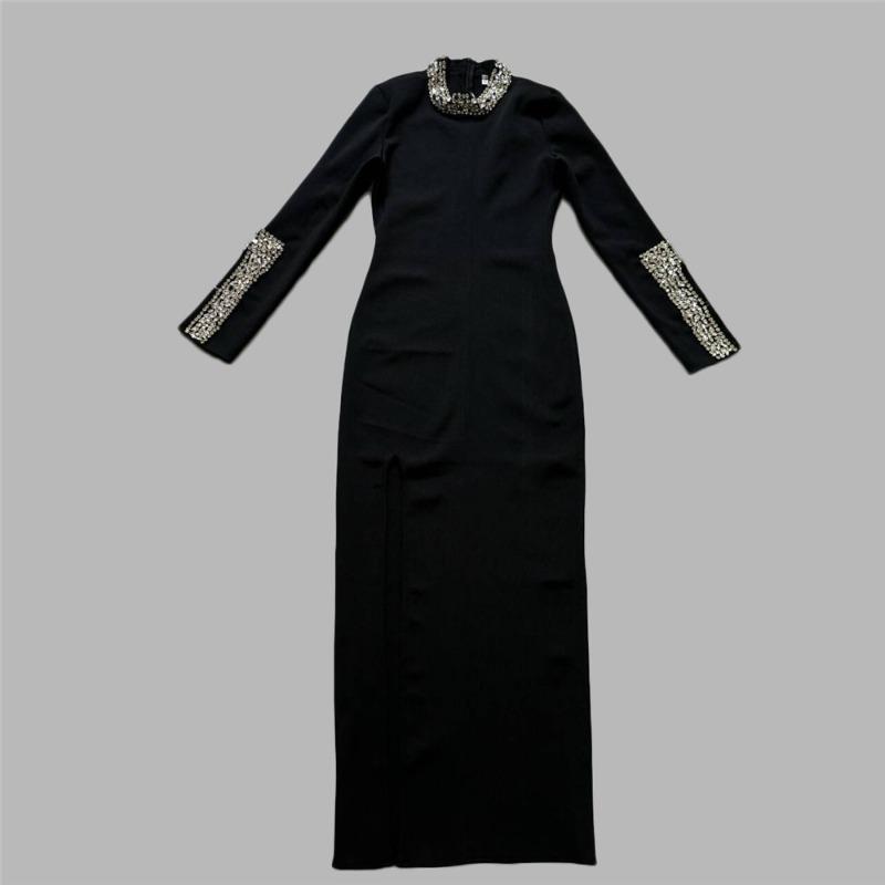 Retro elegance bandage long skirt slim slim women's high-end black bandage nail diamond banquet birthday company