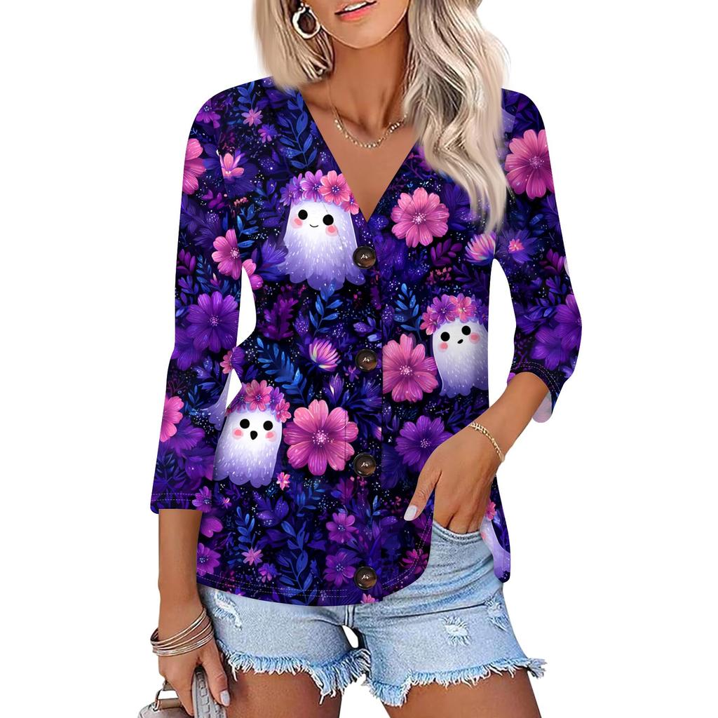 Damenmode Lässiges bedrucktes Button-Down-Hemd 3/4 lange Ärmel Oberteile