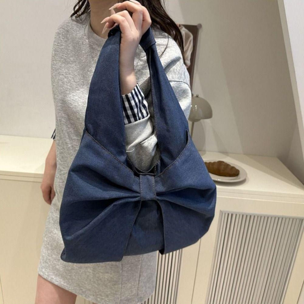 Designer Bow Denim Bag Lightweight Women's Tote Bag Ins Bow Shoulder Bag  Ladies