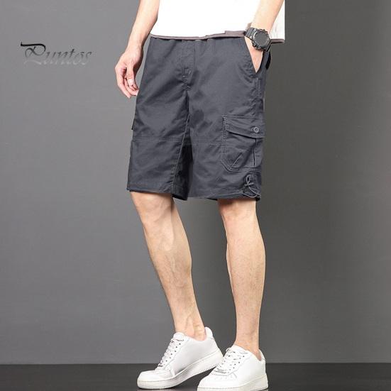 

Men Cargo Shorts Multi Pockets Elastic Waist Solid Color Loose Knee Length Straight Casual Daily Wear Streetwear Pants 3XL хаки