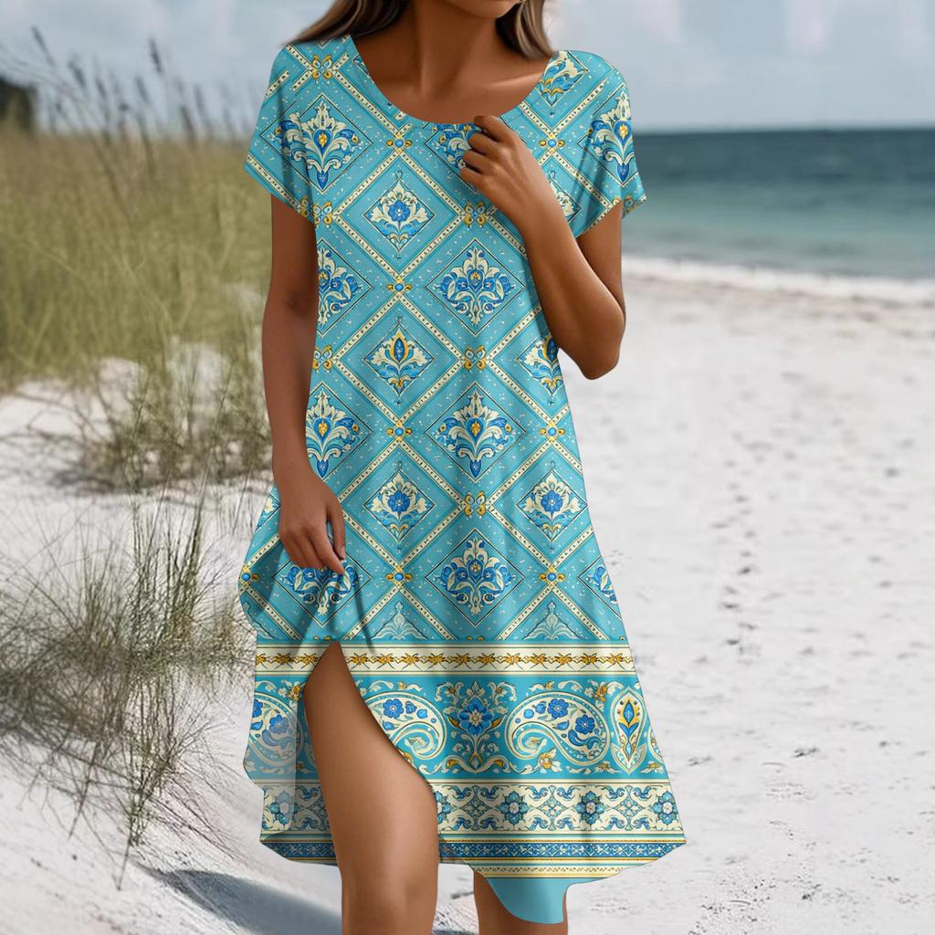 Sukienka Boho z krótkim rękawem dla kobiet, luźna, letnia, swobodna, z nadrukiem kwiatowym i kieszeniami