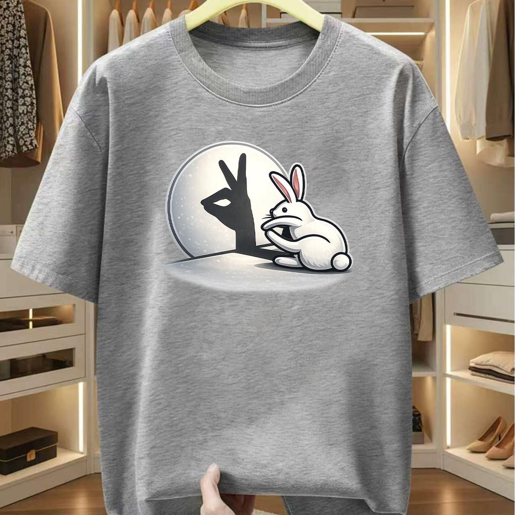 Creative Rabbit Hand Shadow Full Moon Print T Shirt Minimal Cute Bunny Cartoon Crew Neck Casual Streetwear Tee