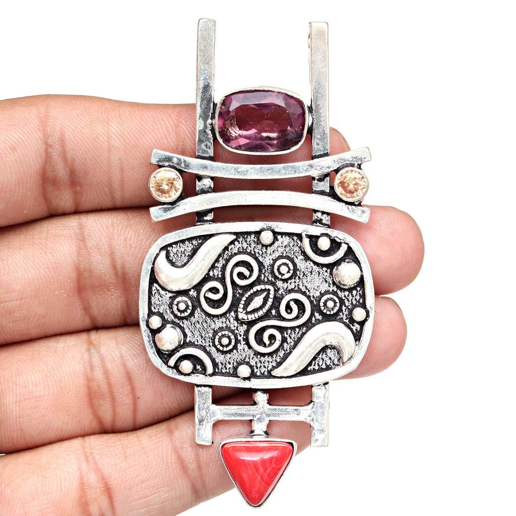 Rhodonite CoralGemstone Mother's Day Handmade Silver Jewelry Pendant  3.25"