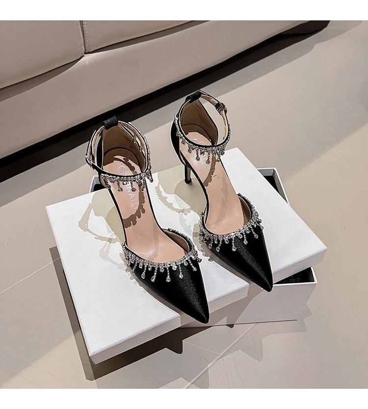 Fashion Wedding Shoes, Satin, Women'S Summer Fashion, Fringed Chain High Heels, Elegant Hollow Lady Sandals