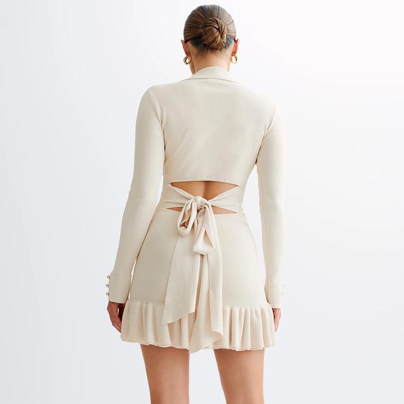 Ruffle Splice Knitwear Dress Women Elegant Bandage Bow Backless Mini Dresses Femme Holiday Long Sleeve Contrast Cardigan Lace Up Vacation Knit Dress