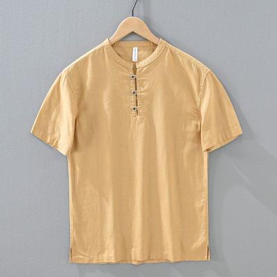 Foreign Trade Surplus Summer Cotton-Linen Casual Shirt for Men, Short-Sleeve Solid Color Chinese Style Linen Stand-Collar Shirt, Half-Sleeve Top
