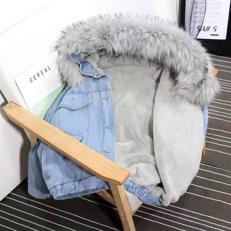 Jachetă de blugi din lână de miel, pentru femei, iarnă, versiunea coreeană, cu glugă, căptușită, din bumbac, îngroșată.