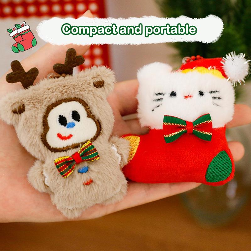Cute Kitty Plush Keychain Christmas Tree Shaped Cartoon Plush Doll Backpack Hanging Chain Detachable Keychain Christmas Kid Gift