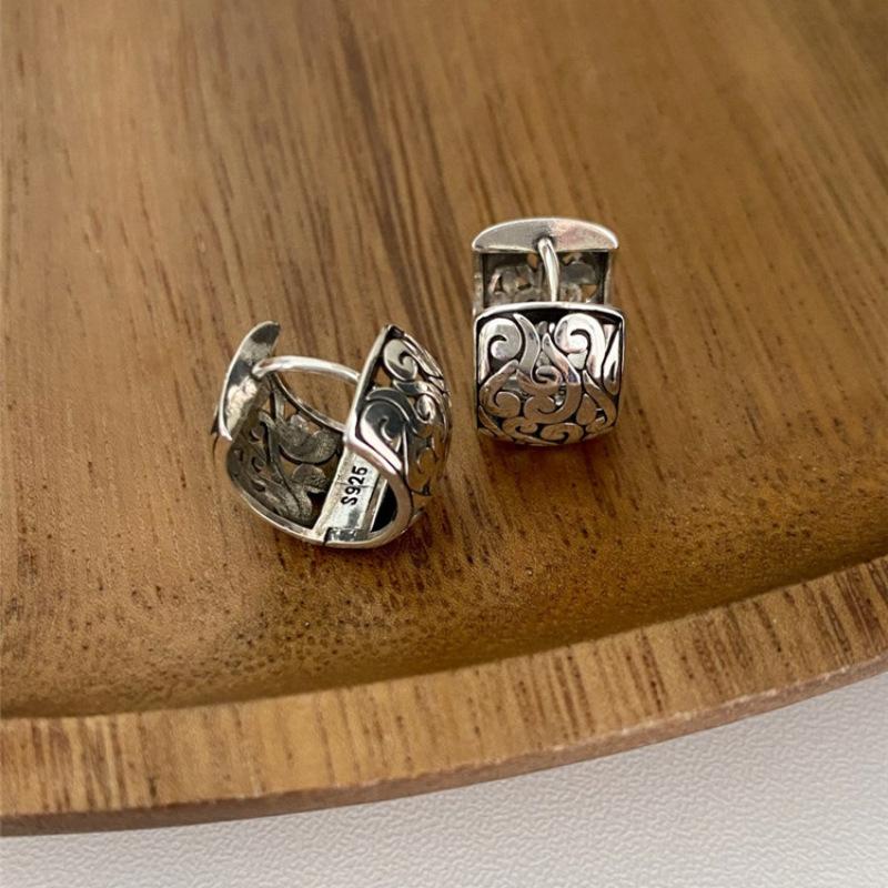 925 Silver Branch Earrings For Women Vintage Texture Hollowing Out Wide Jewelry Birthday Gift