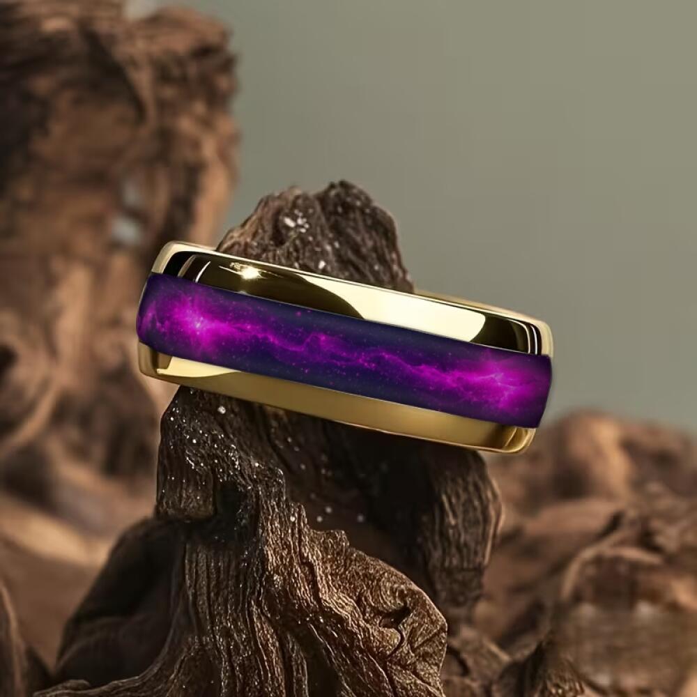 Fashion Men's Stainless Steel Rings Violet Gradient Purple Nebula Inlay Ring for Men Jewelry Suitable for Daily Wear, Non-Fade