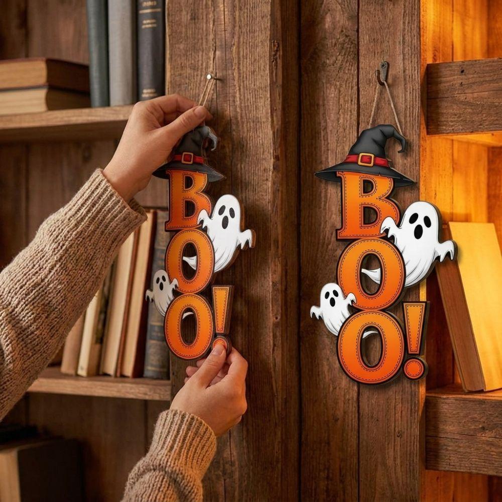 Gothic Ghost Witch Hat Door Hanger Wooden BOO Letter Wall Ornament  Kitchen Hanging