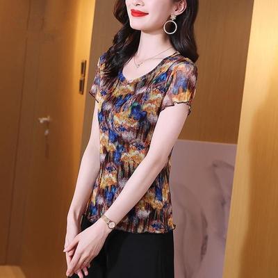 Hohe Elastizität Netz Rundhals Kurzarm Atmungsaktives Netz Gestricktes T-Shirt Top Sommer Neu Bedrucktes Top