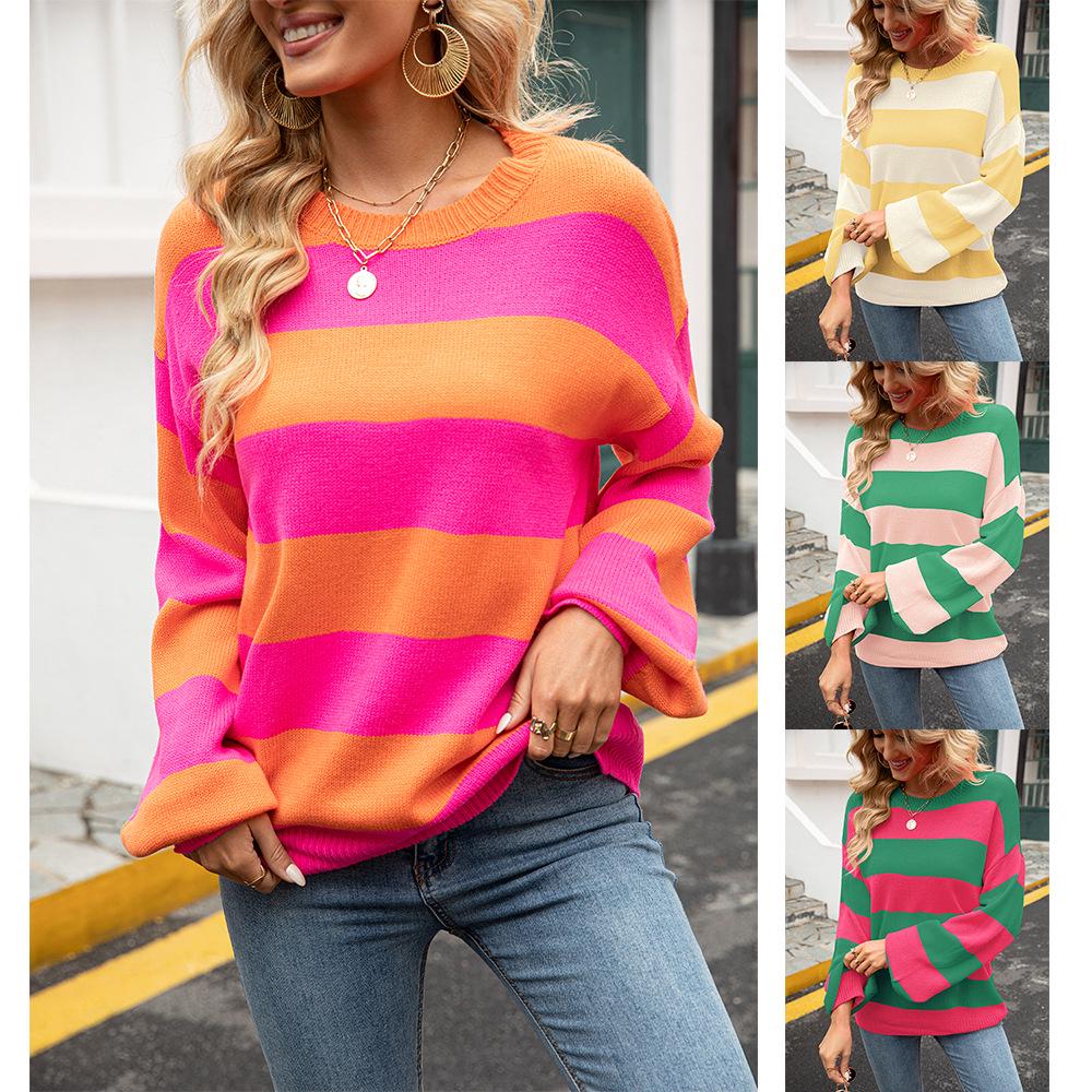 Spring 2025 Plus Size Patchwork Striped Pullover: Casual Knit, Loose Fit, Round Neck Sweater