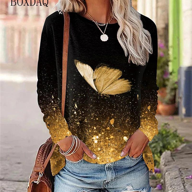 Butterfly Pattern Women Street Hip Hop T-Shirts Long Sleeve Spring Autumn 3d Tie-dye Print Fashion Ladies Tees 6XL Big Size Tops