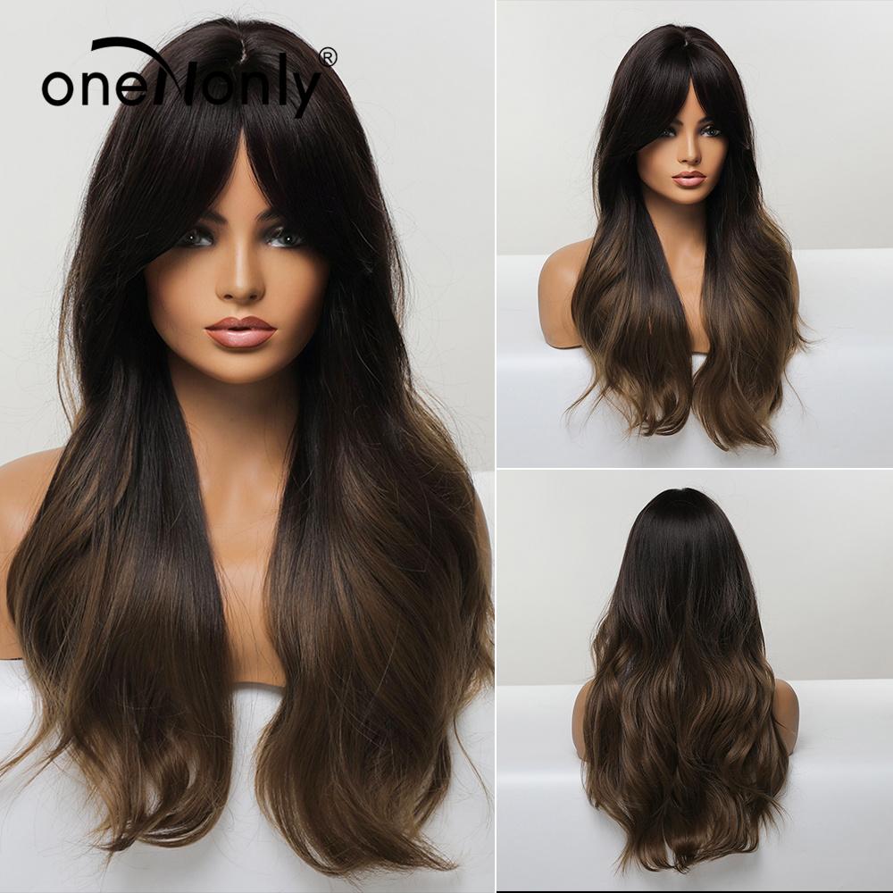 OneNonly Synthetische Perücken für Frauen, blonde Perücke mit Pony, langwellige Perücke, natürliches Haar, hitzebeständige Faser