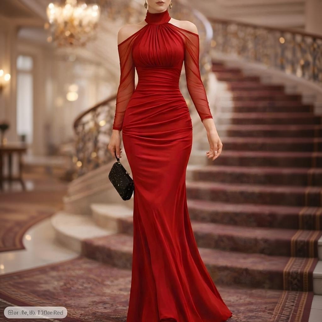 Women Halter Neck Long Sleeve Evening Dress Sheer Mesh Off Shoulder Floor Length Formal Gown Ruched Waist Maxi Dress