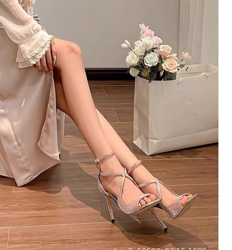 2025 summer new Internet celebrity one-word buckle with square head sandals women's fish mouth gold stiletto open toe sexy high heels