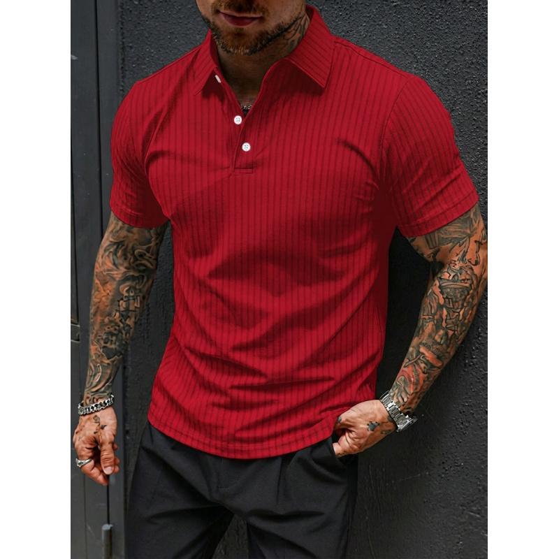 Men's Summer High-Elasticity Ribbed Fitness Sports Casual Fashion Knitted Short-Sleeve Polo Shirt