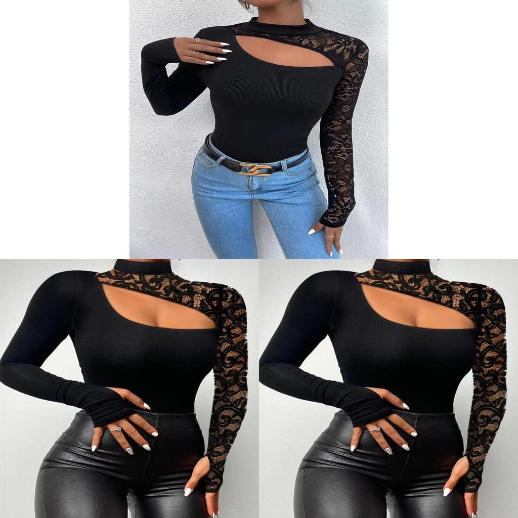 Streetwear Lace Spliced Long Sleeve T Shirt For Women With High Neck And Soft Acrylic Fabric