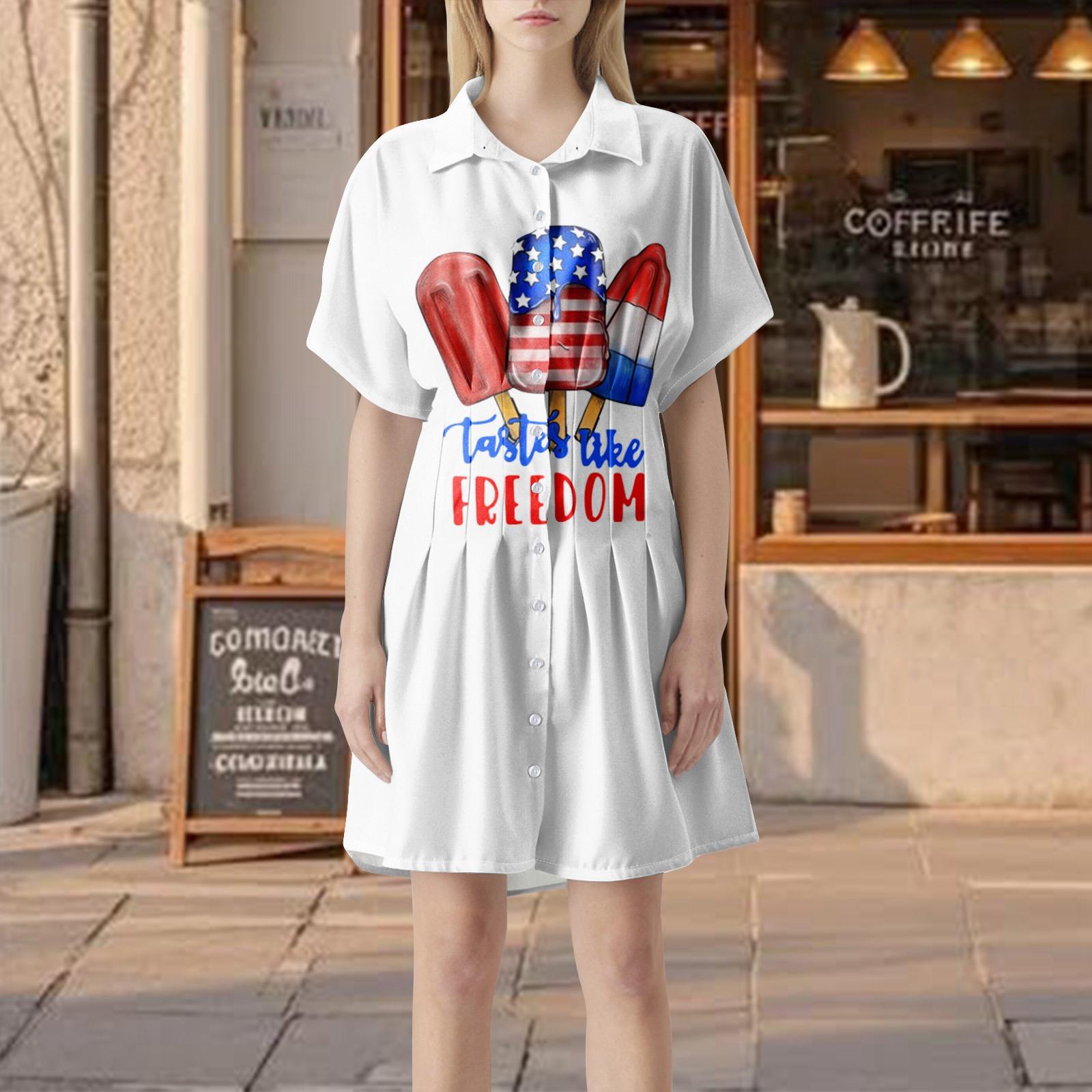 

Женское плиссированное полосатое платье-рубашка с пуговицами спереди, плиссированная рубашка с коротким рукавом, летнее повседневное короткое платье с принтом «День независимости» XL розовый
