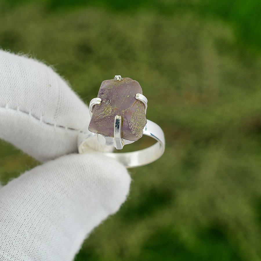 Natural Amethyst Rough Gemstone 925 Silver Stackable Ring Size 8 For Women