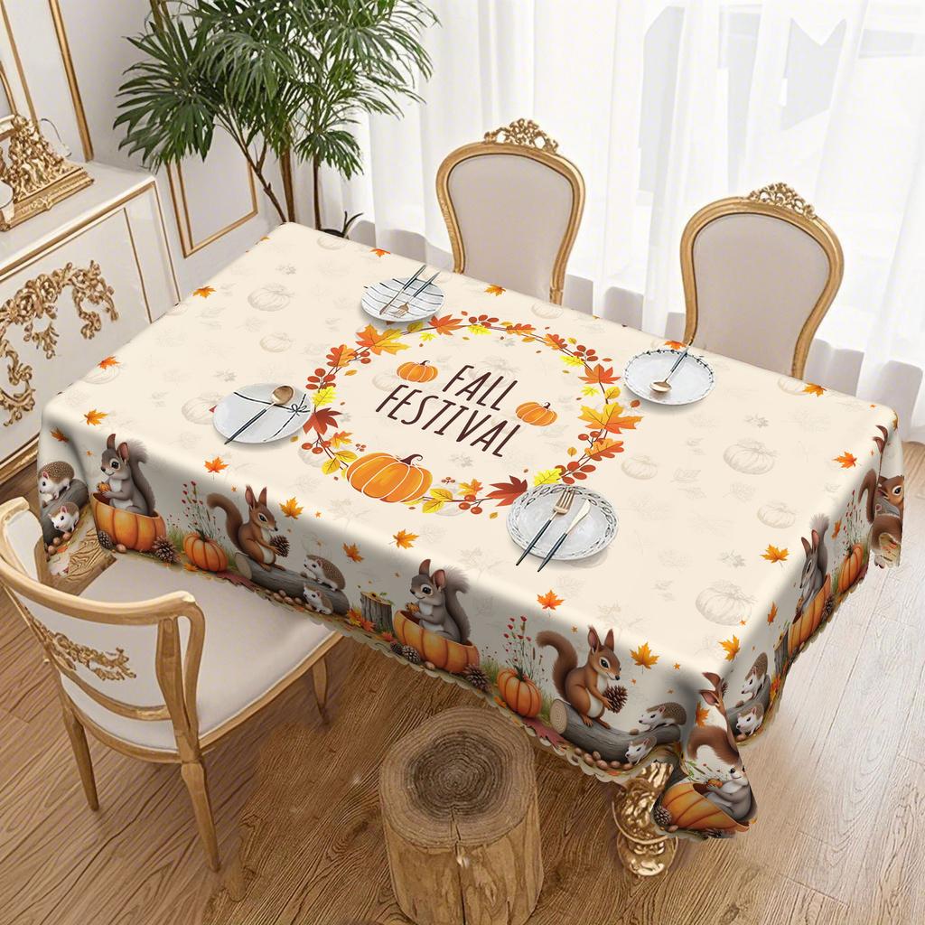 Cute Little Squirrel With Golden Pumpkin, Pastoral Waterproof Tablecloth Between Maple Leaves And Acorns Thanksgiving Decoration