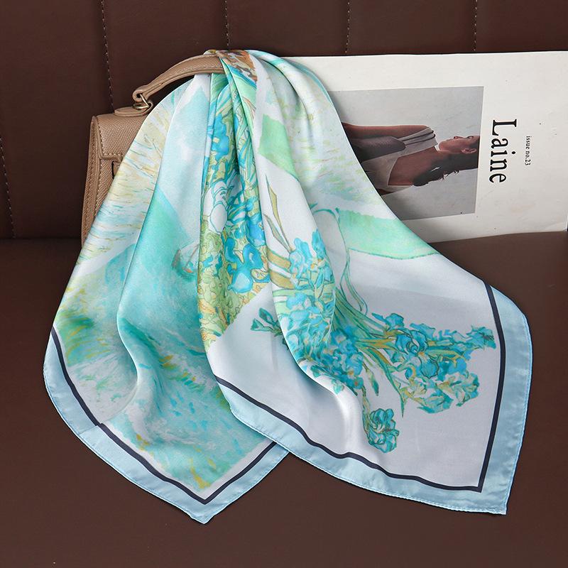 Suhang green oil painting satin scarf small square scarf women's landscape printing neck jewelry neck silk scarf scarf high sense