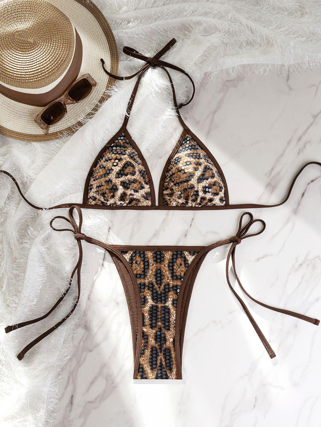 

Бикини на бретельках с леопардовым принтом - Европейский и американский стиль, Пляжный купальник для женщин, Высококачественный вид Small темно-коричневого