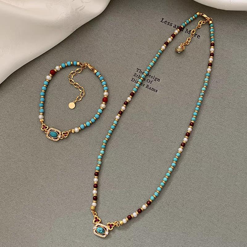 Turquoise Agate Shijia Pearl Beaded Necklace Femininity Light Luxury New Chinese Style Clavicle Neck Chain