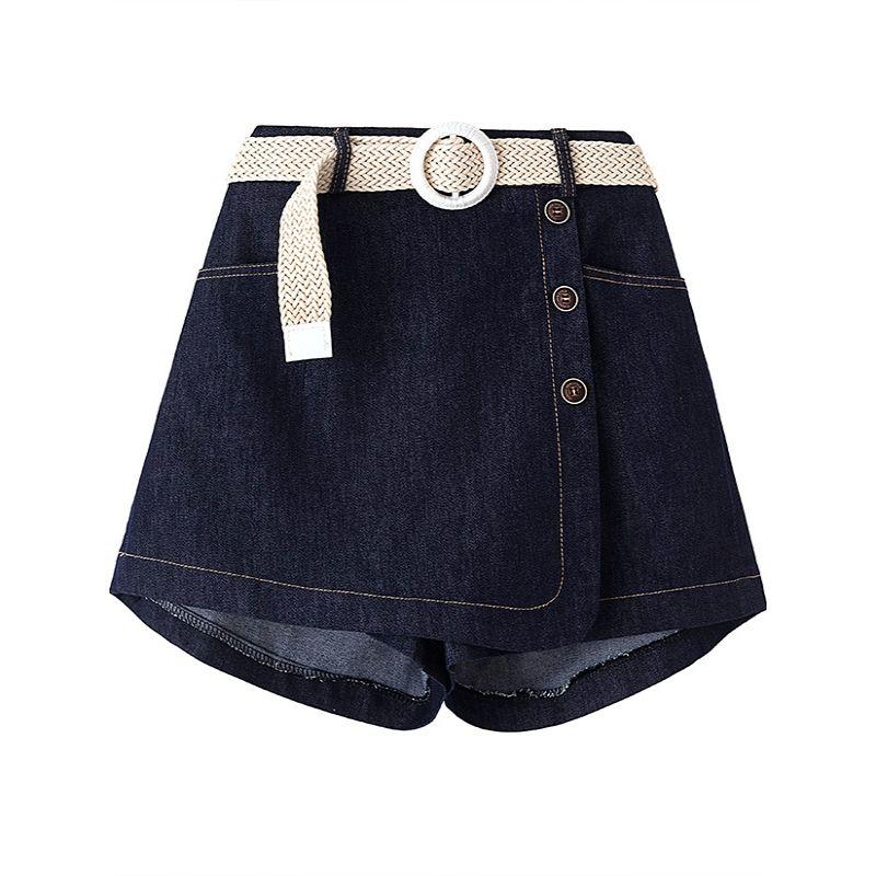 South Korea Dongdaemun Fashion Commuter Ol Summer High Waist A- line Cover Casual Denim Short Culotte Send Belt M-4XL