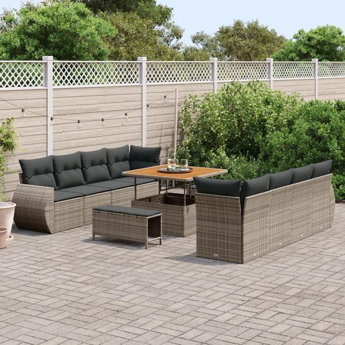 VidaXL Ensemble de Canapés de Jardin 11 Pièces avec Coussins Gris Rattan Poly 3363808