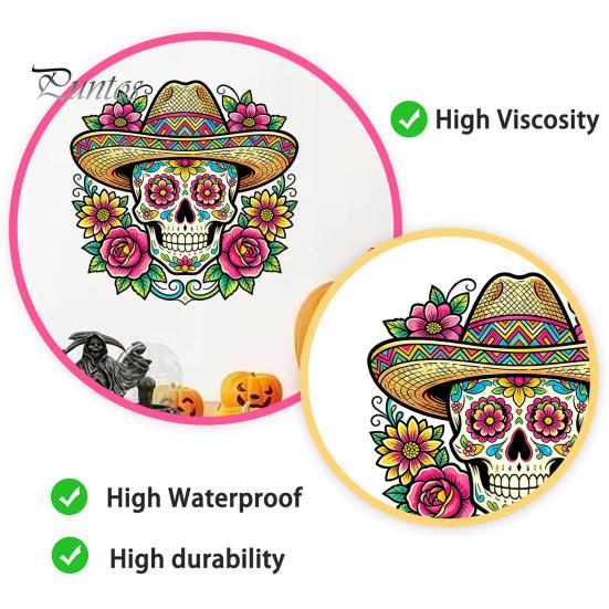 Durable Sunproof Window Stickers Flower Skull Wall Sticker, Day of The Dead Decorative Decals, Waterproof PVC Removable for Windows Glass Doors